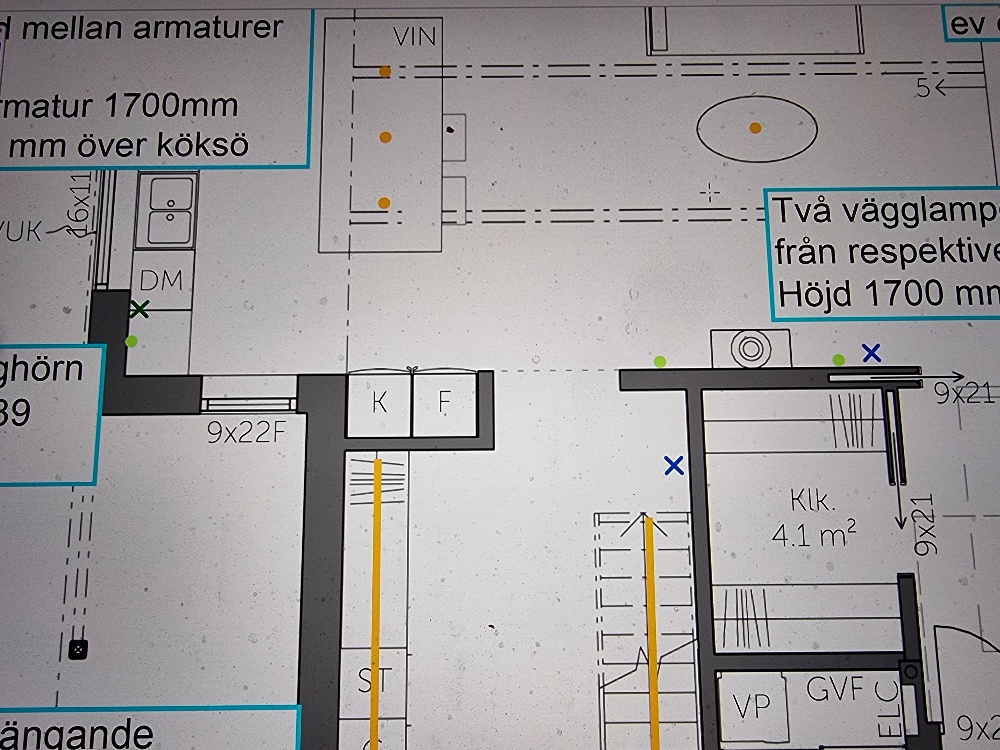 Ljusförslag på ritning med placeringar av belysning